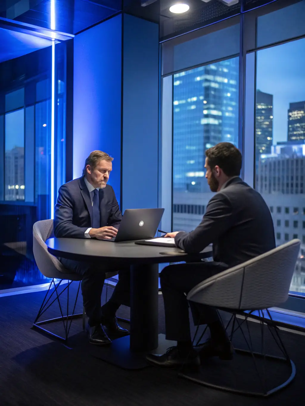 A business consultant advising a small business owner at a conference table.