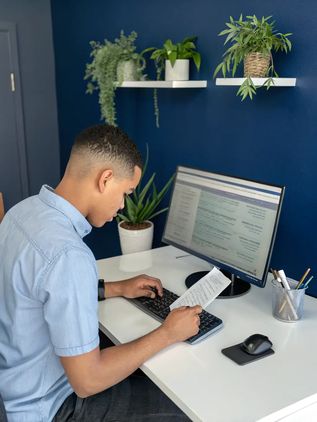 A payroll specialist processing employee payments on a computer.