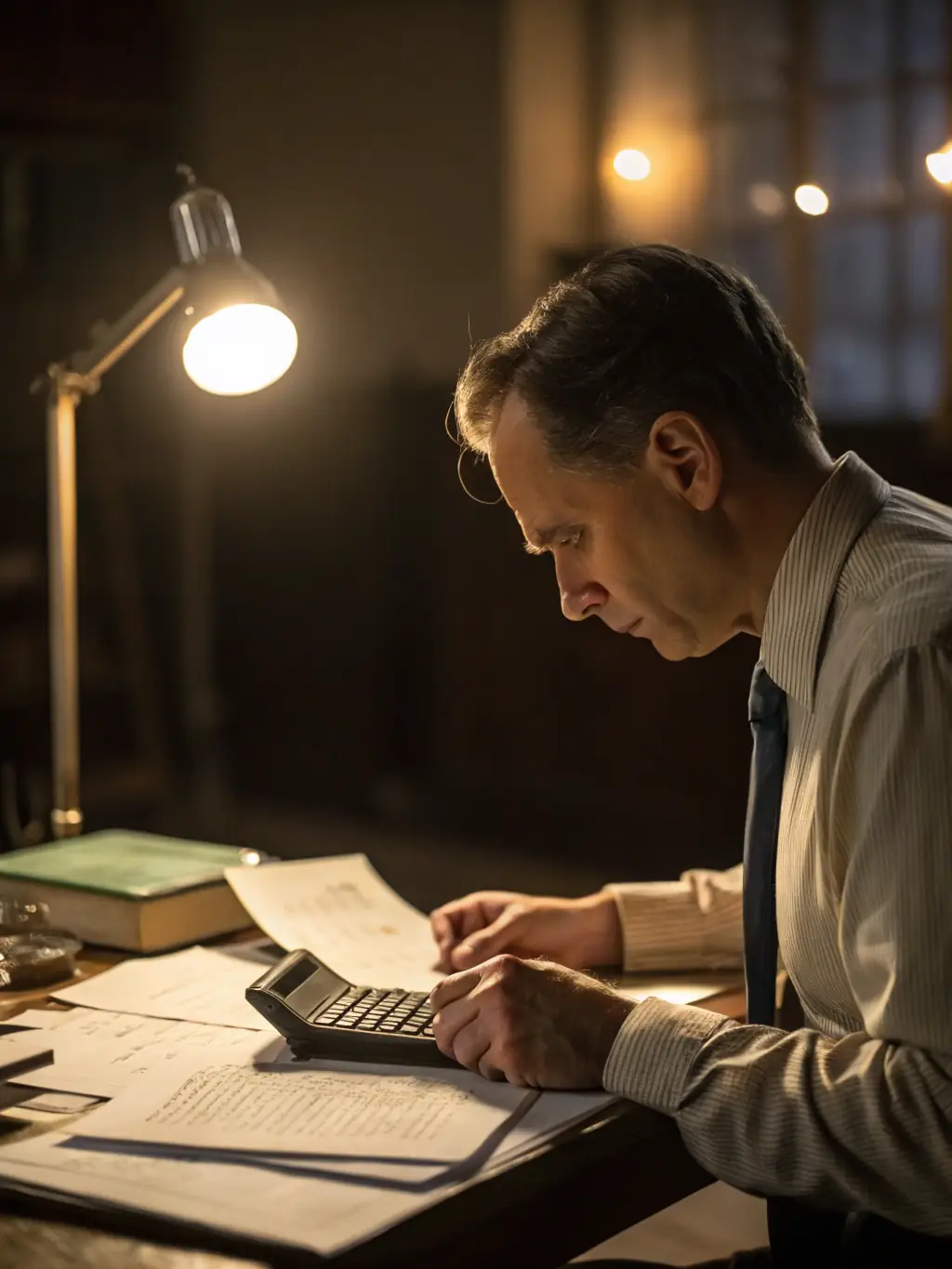 An accountant reviewing financial documents with a calculator.